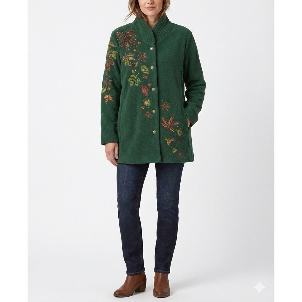 Bob Mackie Embroidered Fleece Jacket Green Button Front Fall Leaves Women’s XL